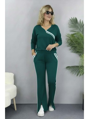 Etiler Collection Kadın Uzun Kollu V Yakalı Şerit Detaylı Viskon Iki Iplik Bluz ve Pantolon Ikili Takım