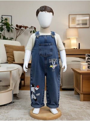 Mişsa Bebe Baskılı Çocuk Kot  Salopet Denim Oversize Tokalı Kalıp 3-6 Yaş