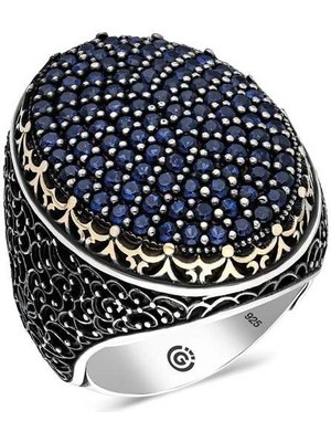 Bazarhane Gümüş Lacivert Zirkon Taşlı Oval Erkek Yüzük