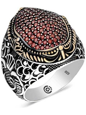 Bazarhane Gümüş Kırmızı Zirkon Taşlı Oval Erkek Yüzük
