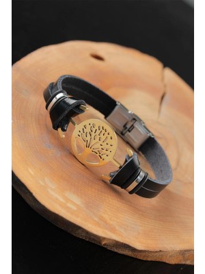 Moco Ashwork Gold Renk Metal Ağaçlı Tasarım Siyah Renk Deri Erkek Bileklik 587455