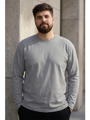 Gri O Yaka Rahat Form Battal Büyük Beden Uzun Kollu Erkek T-Shirt - 88107