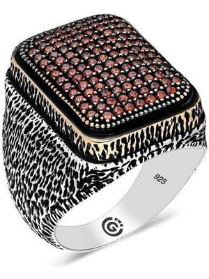 Bazarhane Gümüş Kırmızı Zirkon Taşlı Kare Erkek Yüzük