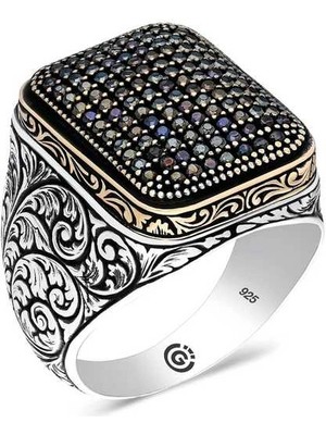 Bazarhane Gümüş Siyah Zirkon Taşlı Kare Erkek Yüzük