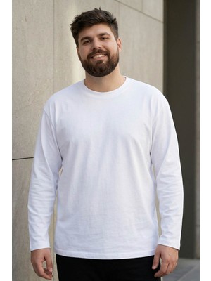 Beyaz O Yaka Rahat Form Battal Büyük Beden Uzun Kollu Erkek T-Shirt - 88107