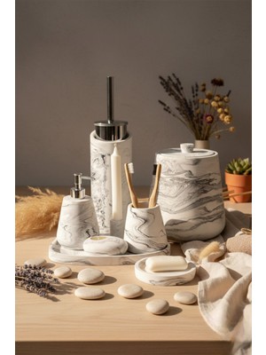 UltraMint Mermer Desenli 11 Parça Banyo Seti: Sabunluk, Diş Fırçalık, Çöp Kovası, Mumluk ve Tepsi