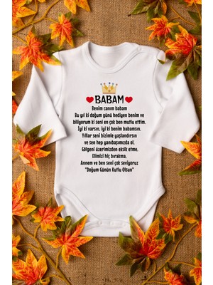 Overoz Baba Doğumgünü Baskılı Uzun Kollu Beyaz Bebek Body Zıbın 5224