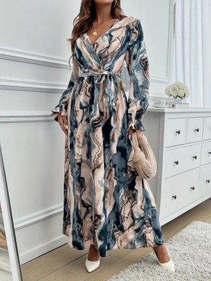 Etiler Collection Kadın Uzun Kollu Kruvaze Yakalı Beli Kuşaklı Desenli Süprem Maxi Elbise