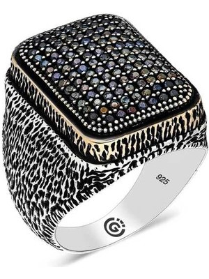 Bazarhane Gümüş Siyah Zirkon Taşlı Kare Erkek Yüzük