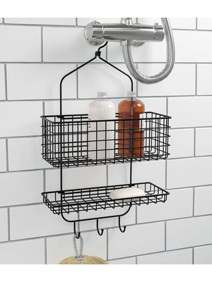 UltraMint Çift Katlı Siyah Metal Duş Rafı, Ayarlanabilir Kanca, 56 cm Yükseklik