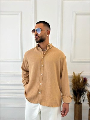 Elku Moda Müslin Kumaş Oversize Kesim Dik Yaka Salaş Pamuklu Gömlek Düğme Kapamalı Bol Kesim Gömlek