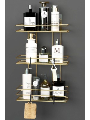 UltraMint Altın Kaplama 3 Katlı Banyo Rafı, Şampuanlık ve Duvar Organizeri
