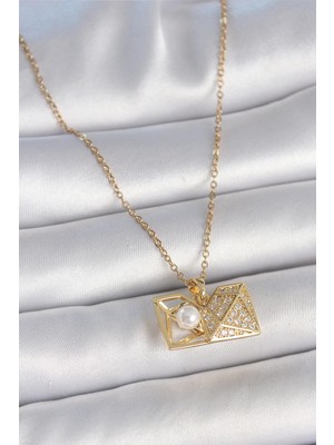 Clariss Ashwork 316L Çelik Gold Renk Zincir Zirkon Taşlı Açılır Incili Elmas Model Kadın Kolye 58745