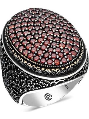 Bazarhane Gümüş Kırmızı Zirkon Taşlı Oval Erkek Yüzük