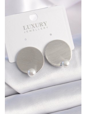 Clariss Ashwork Pirinç Gümüş Renk Plaka Model Inci Detay Kadın Küpe 587455