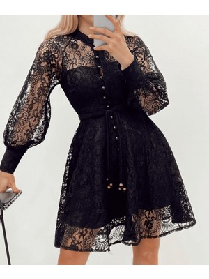 Rengamoda Boydan Düğmeli Astarlı Balon Kol Fermuarlı Tül Elbise