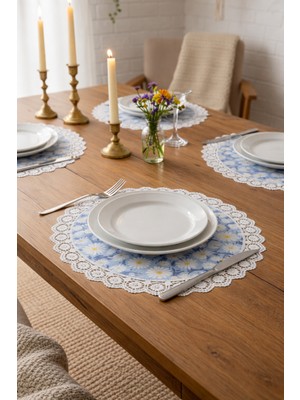 Rona Home Mavi Papatya Desenli Kenarı Dantelli Supla Servis Altlığı 6'lı Set Yuvarlak Sunum Takımı