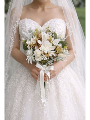 Ges Shop Kadın Incili Kurdela Detaylı Zarif Gelin Buketi Nikah Düğün Nişan Çiçeği