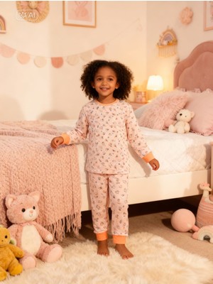 NiCe İç Giyim Pamuklu Yavruağzı Renk Sevimli Desen Manşetli Kız Çocuk Pijama Takım