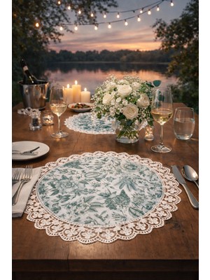 Rona Home Yeşil Dantelli Amerikan Servis Supla Seti 6 Kişilik Leke Tutmaz Dijital Baskı Çeyizlik Lüks Set