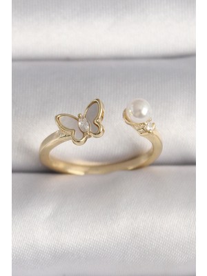 Clariss Ashwork Pirinç Gold Renk Zirkon Taş Detaylı Beyaz Mineli Kelebek Model Inci Detay Ayarlanabilir