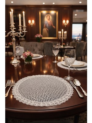 Rona Home Lüks Dantel Kenarlı Zikzak Desenli Yuvarlak Supla Amerikan Servis Altlığ 6 Lı