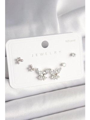 Clariss Ashwork 925 Ayar Gümüş Çivi Pirinç Zirkon Taşlı Kelebek Model Kadın Küpe Seti 587455