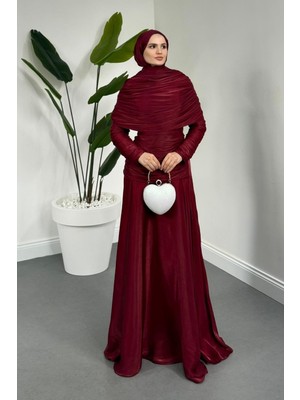 Merven Akyüz Cocina Drapeli Pelerinli Abiye Bordo