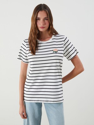 Lc Waikiki Yeni Sezon Bisiklet Yaka Çizgili Kadın Tişört