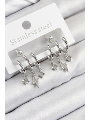 Clariss Ashwork Pirinç Zirkon Taşlı Şimşek Model Gümüş Renk Kadın Küpe 587455