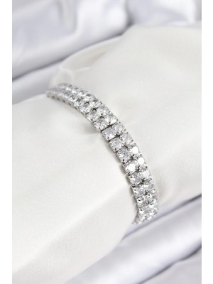 Clariss Ashwork Pirinç Zirkon Taşlı Çift Sıra Kare Model Gümüş Renk Asansörlü Kadın Bileklik 5874