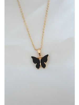 Clariss Ashwork Gold Kaplama Siyah Renkli Sedefli Kelebek Kolye 587455