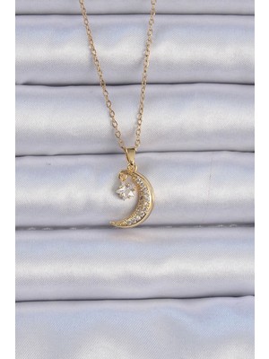 Clariss Ashwork 316L Çelik Zincir Altın Renk Zirkon Taşlı Sallantılı Ay Yıldız Kolye 587455