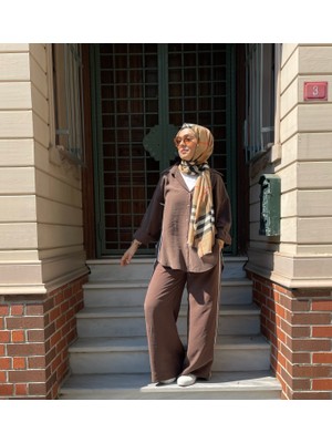 Tuğba Sarı Modal Kumaş Ara Biye Detaylı Kahverengi Kadın Takım