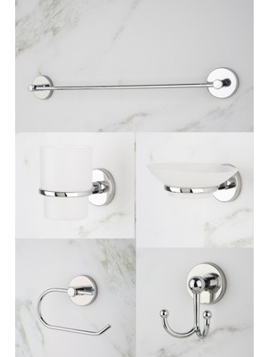 UltraMint Krom Uzun Banyo Seti: Havluluk, Tuvalet Kağıtlığı, Bornoz Askısı, Sabunluk, Diş Fırçalık