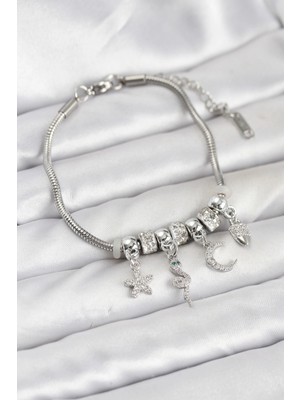 Clariss Ashwork Pirinç Gümüş Renk Yılan Charmlı Kadın Bileklik 587455