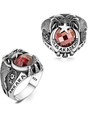Bazarhane Gümüş Polis Akademisi Kırmızı Taşlı Erkek Yüzük