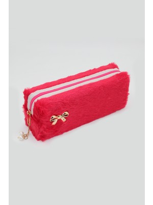 My Polo Kırmızı Peluş Fiyonk Detaylı Incili Kalemlik ve Makyaj Çantası - Estetik Yumuşak Organizer