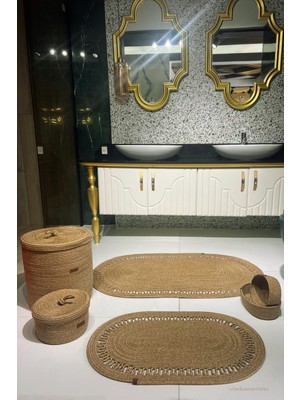 UltraMint Jüt Banyo Takımı Seti, Hasır Çamaşır Sepeti ve Paspas, Büyük Boy, Şık Tasarım