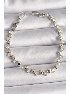 Clariss Ashwork Pirinç Gümüş Renk Zirkon Taşlı Gold Kalpli Vıp Seri Kadın Bileklik 587455