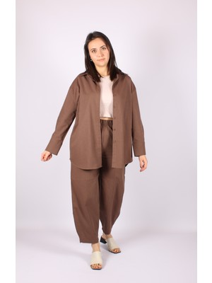 Tuğba Sarı Keten Gizli Patlı Balon Pantolonlu Kahve Kadın Takım