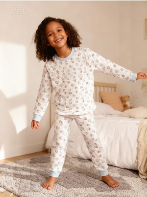 NiCe İç Giyim Pamuklu Beyaz Mavi Sevimli Desen Uzun Kol Manşetli Kız Çocuk Pijama Takım