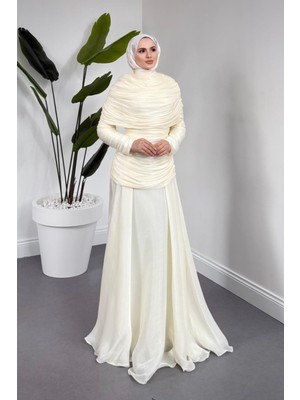 Merven Akyüz Cocina Drapeli Pelerinli Abiye Ekru