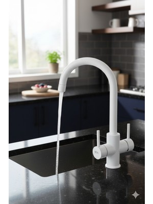 HDF Modern Mat Beyaz Arıtma Musluklu Mutfak Bataryası - Çift Kumandalı 2'si 1 Arada Tasarım Evye Bataryası