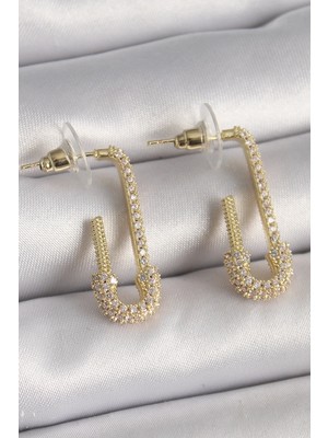Clariss Ashwork Pirinç Gold Renk Zirkon Taşlı Çengelli Iğne Model Kadın Küpe 587455