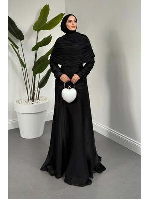 Merven Akyüz Cocina Drapeli Pelerinli Abiye Siyah