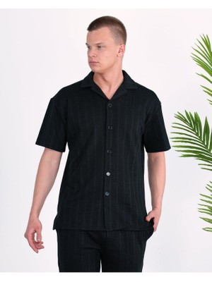 Elku Moda Pamuk Terletmez Kumaş Italyan Yaka Çizgili Kısa Kollu Gömlek Düğme Kapamalı Dar Kesim Gömlek