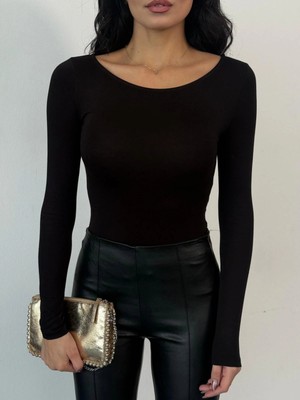 Asfa Moda Kadın Açık Yaka Uzun Kollu Basic Body Bluz Siyah