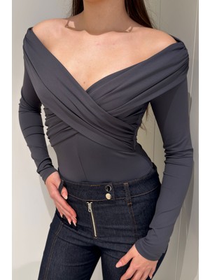 Magarde Yaka Detay Uzun Kollu Bodysuit- Gri