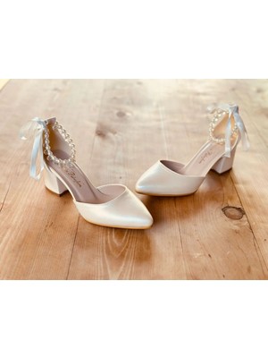 İlkinin Pabuçları Incili Gelin Ayakkabısı, Taşlı Incili Kadın Abiye Ayakkabı, 5cm Kalın Topuklu Rahat Tasarım